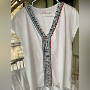 Soft Surroundings White V-Neck Tunic with Multicolor Embroidered Trim